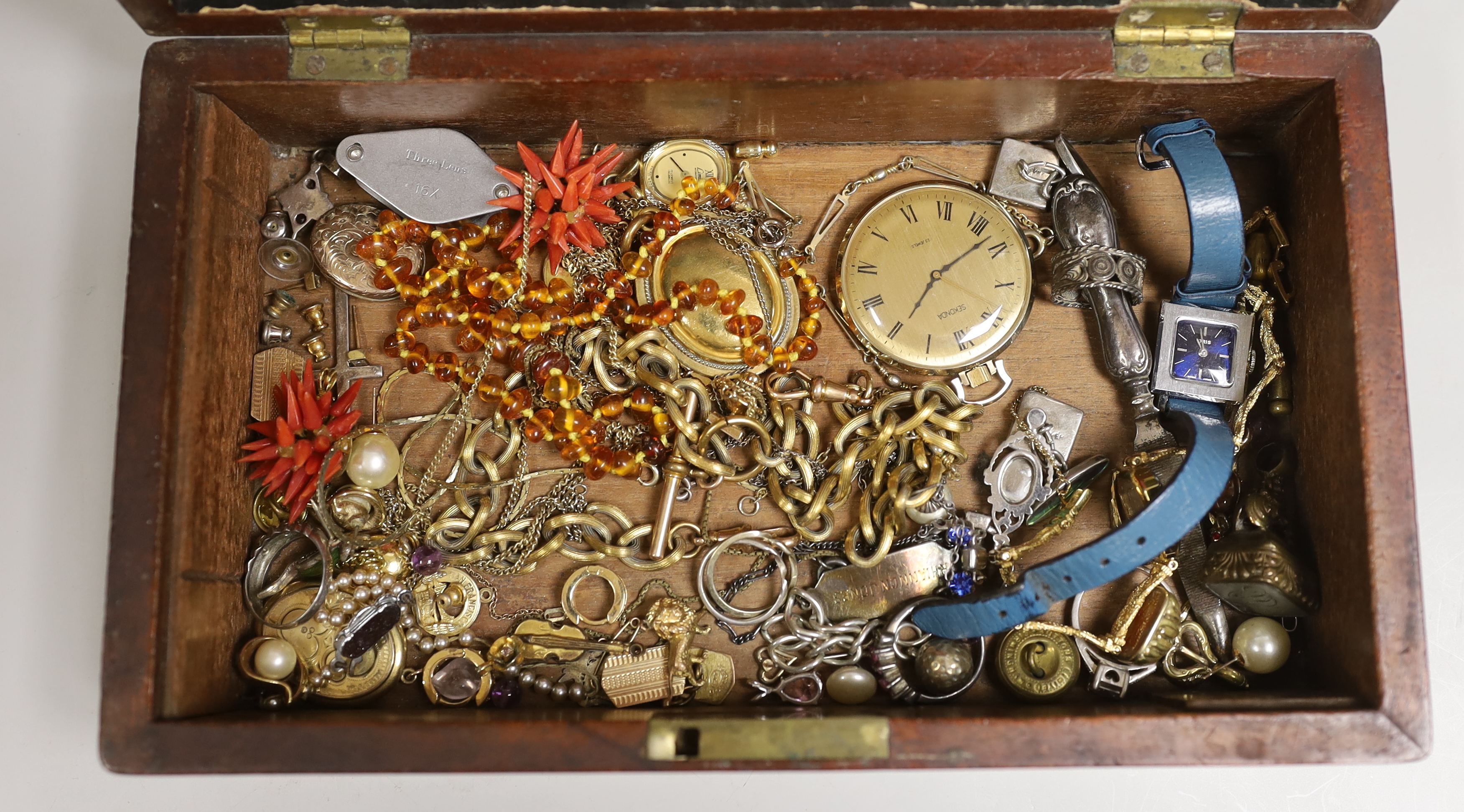 Mixed jewellery and watches including two fob seals, pocket watch, lockets, necklaces etc.